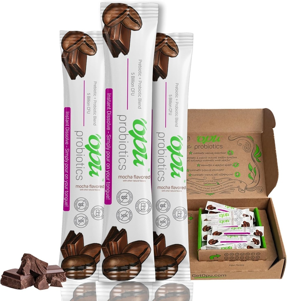 'Opu Probiotics Mocha 瞬間分解 - 1 ヶ月の供給 - 5 億 CFU's - 男性、女性、子供 w/Prebiotics 砂糖無料、グルテンフリー、非 GMO