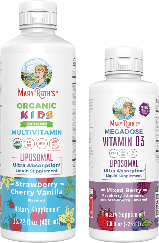 MaryRuth Organics Kids Multivitamin Liposomal(イチゴチェリー&バニラ)&ビタミンD3 Liposomal(ミックスベリー)クリーンラベルプロジェクト検証済みビタミン免疫&全体的なウェルネス、ビーガン、非GMO