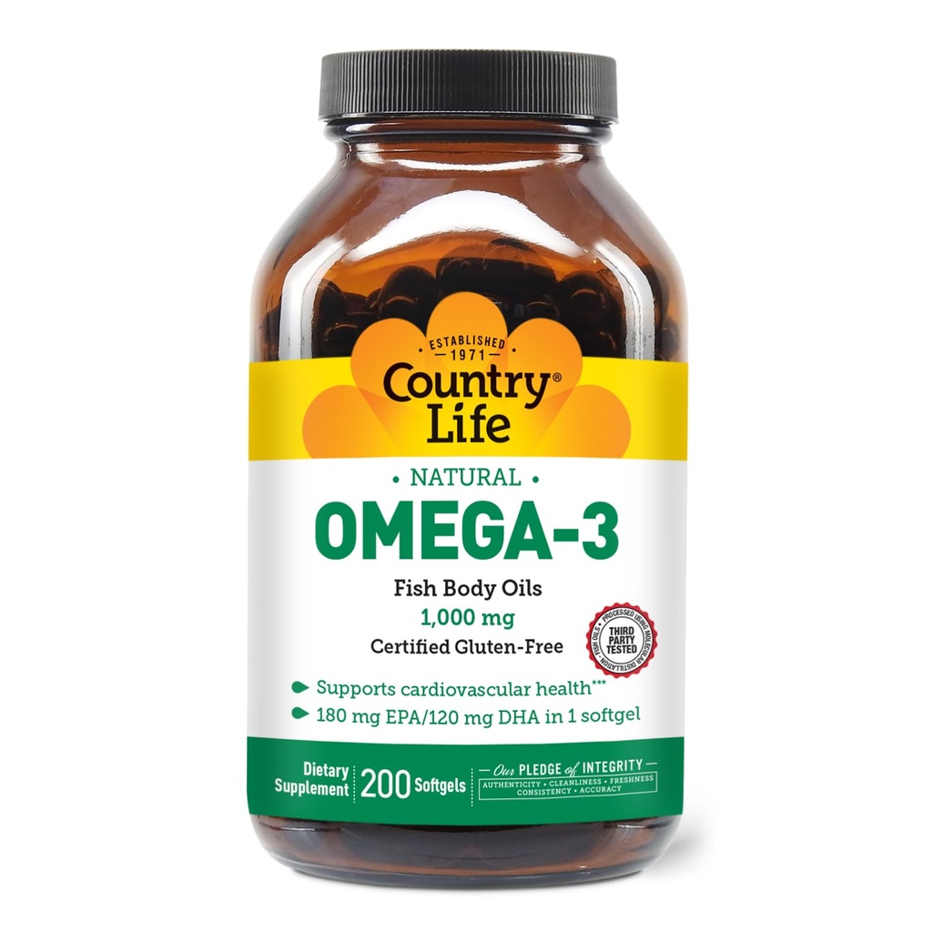 国の生命オメガ3の魚油の補足、1000mg、180mg EPA及び120mg DHAの魚油のコンセントレート、バープレス、200のSoftgelsの証明されたグルテンフリー