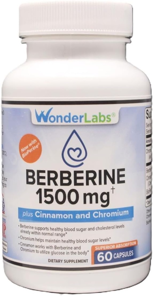 ワンダーラボラトリーズ Berberine HCL 1,500mg + Cinnamon, Chromium, & Glucose, Heart & Immune System Health Gluten & GMO Free - 60カプセル