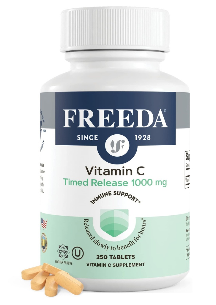 FREEDAビタミンC - タイムドリリース1000mg - 一日中免疫&抗酸化サポートのためのスローリリース、胃、コシャ&ビーガン、高吸収錠(250錠)