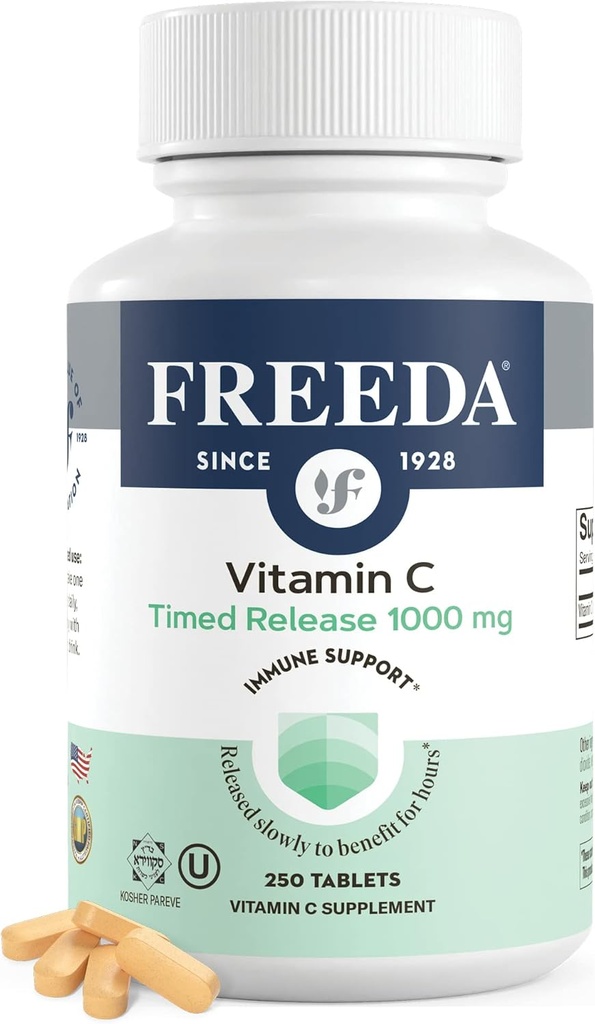 FREEDAビタミンC - タイムドリリース1000mg - 一日中免疫&抗酸化サポートのためのスローリリース、胃、コシャ&ビーガン、高吸収錠(250錠)