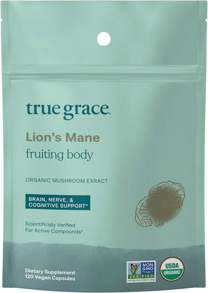True Grace Mushroom Lion's Mane Brain, Nerve & Cognitive Support - 120 Count Capsules - Organic