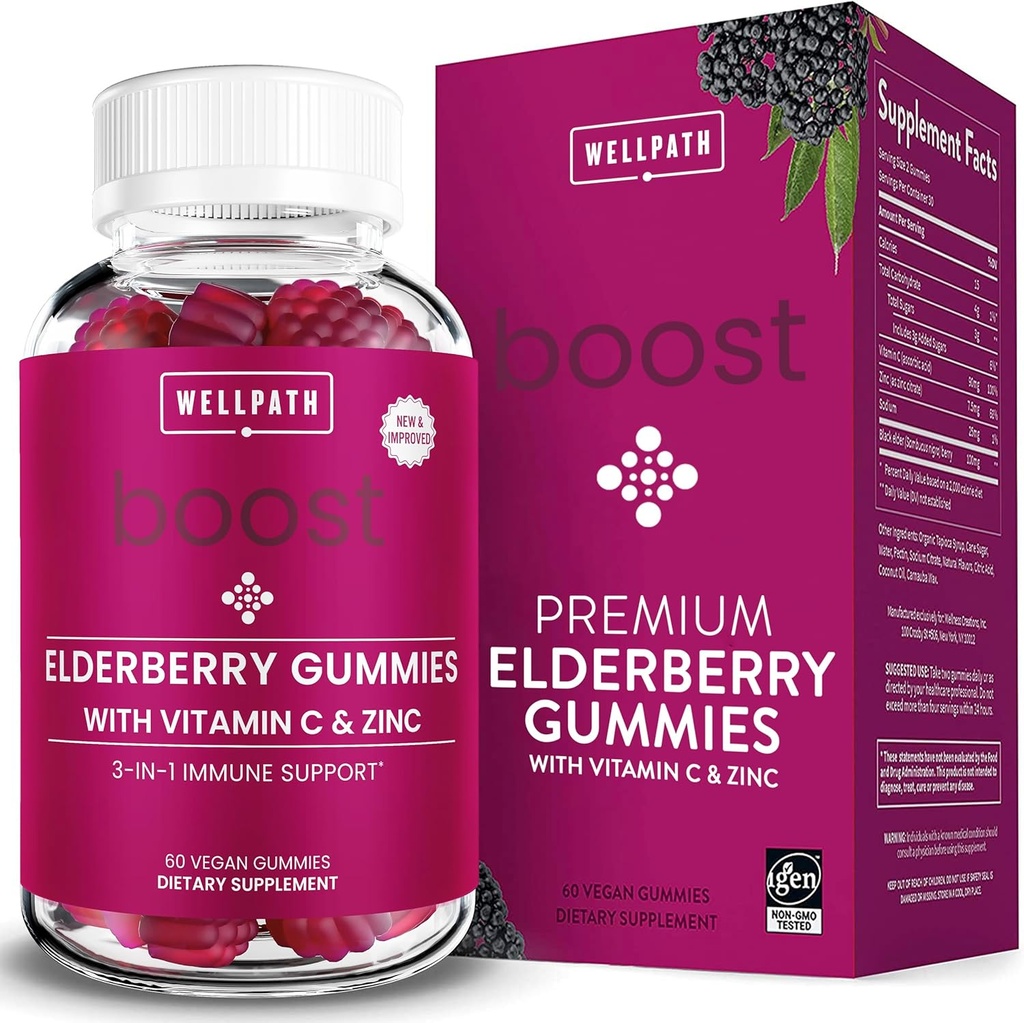WellPath Boost Elderberry Gummies with 亜鉛&ビタミンC | アダルト向け免疫サポートサプリメント | 免疫ブースタービタミン | サムブコールブラックガミー | 非GMO&ビーガン 60 Ct