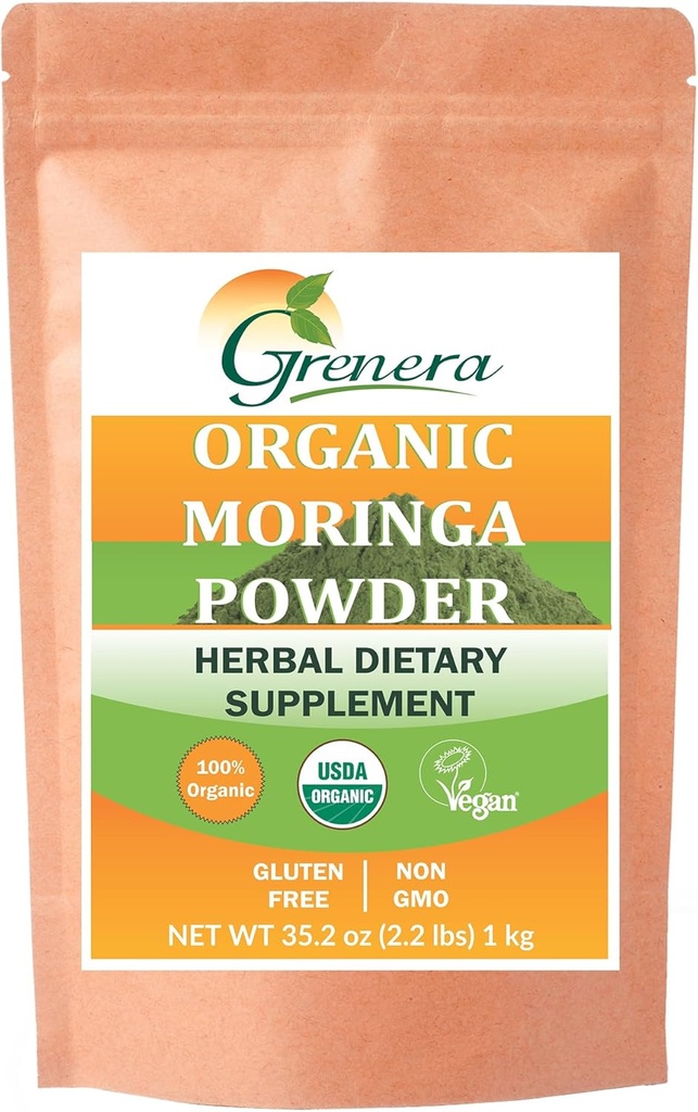 Grenera Organic Moringa Powder - 2.2 lbs (35.2 oz) | モリンガ オリフェラ リーフ パウダーラボ 純度でテスト | モリンガ パウダー 有機スムージー、ドリンク、紅茶、レシピに最適 | インド産100%原材料