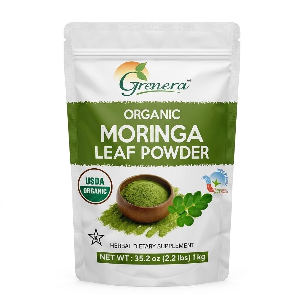 Grenera Organic Moringa Powder - 2.2 lbs (35.2 oz) | モリンガ オリフェラ リーフ パウダーラボ 純度でテスト | モリンガ パウダー 有機スムージー、ドリンク、紅茶、レシピに最適 | インド産100%原材料