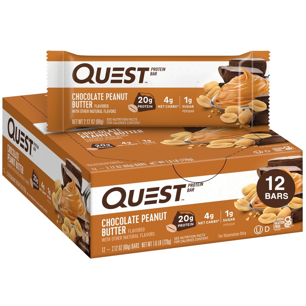 Quest Nutrition Chocolate Peanut Butter Bar, 20g Protein, 1g Sugar, 4g Net Carb, Gluten Free, Keto Friendly, 12 カウント