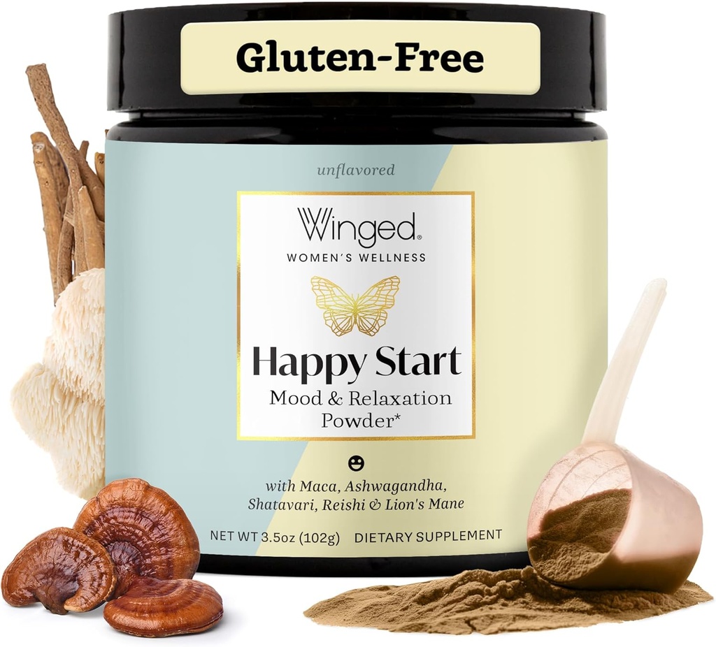 Winged Wellness Happy Start, Mood Boosting Drink Mix Powder for Women - Happy Mind & Hormonal Health, Mood Support Supplement with Red Maca, Ashwagandha, Mushrooms & More - Chocolate, 30 Servings