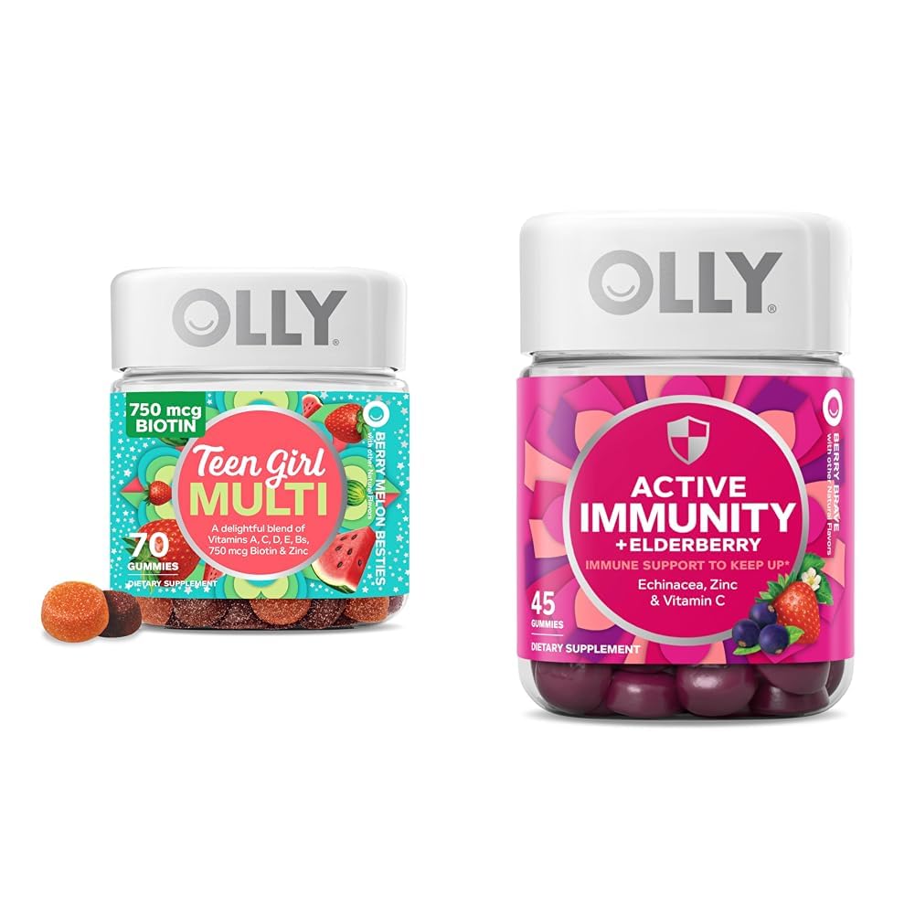 OLLYティーンガールマルチガミー、ヘルシースキン、免疫サポート、15エッセンシャルビタミン、70カウントガミー活性免疫+エルダーベリー、45グミー、ベリーフレーバー