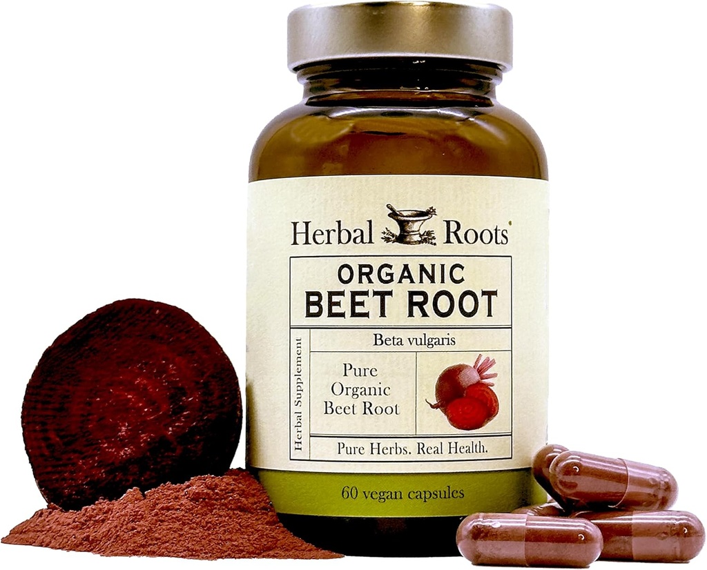 Herbal Roots Organic Beet Root Powder Capsules - 1,500mg per Serving - Certified USDA Organic - Non-GMO - 60 Count Vegan Capsules