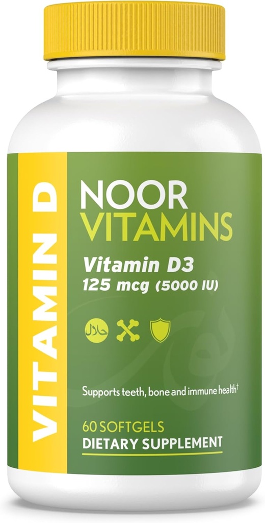 NoorビタミンハラールビタミンD、ハラールビタミンD3、5000 IU Softgels、Safflowerオイルから吸収、非GMO、グルテンフリー&ハラール(60カウント)を最大化するための骨、免疫&心の健康をサポート...