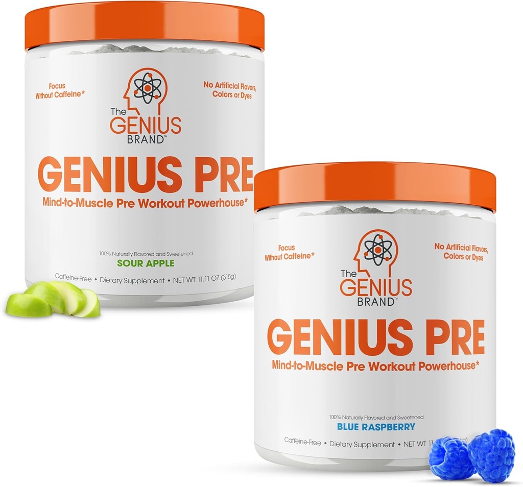 Geniusプレワークアウトサプリメントバンドル - ブルーラズベリー&サワーアップル - カフェインフリー/興奮剤フリー