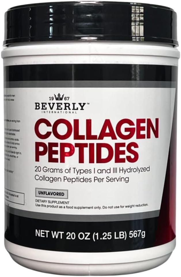 Beverly International Collagen Peptides Protein Powder. Youthful Appearance- Skin, Hair, Nails, Bones and Joint Health. Easy to Use, Highly Absorbable. 18 Grams of Protein, Unflavored 20 oz.