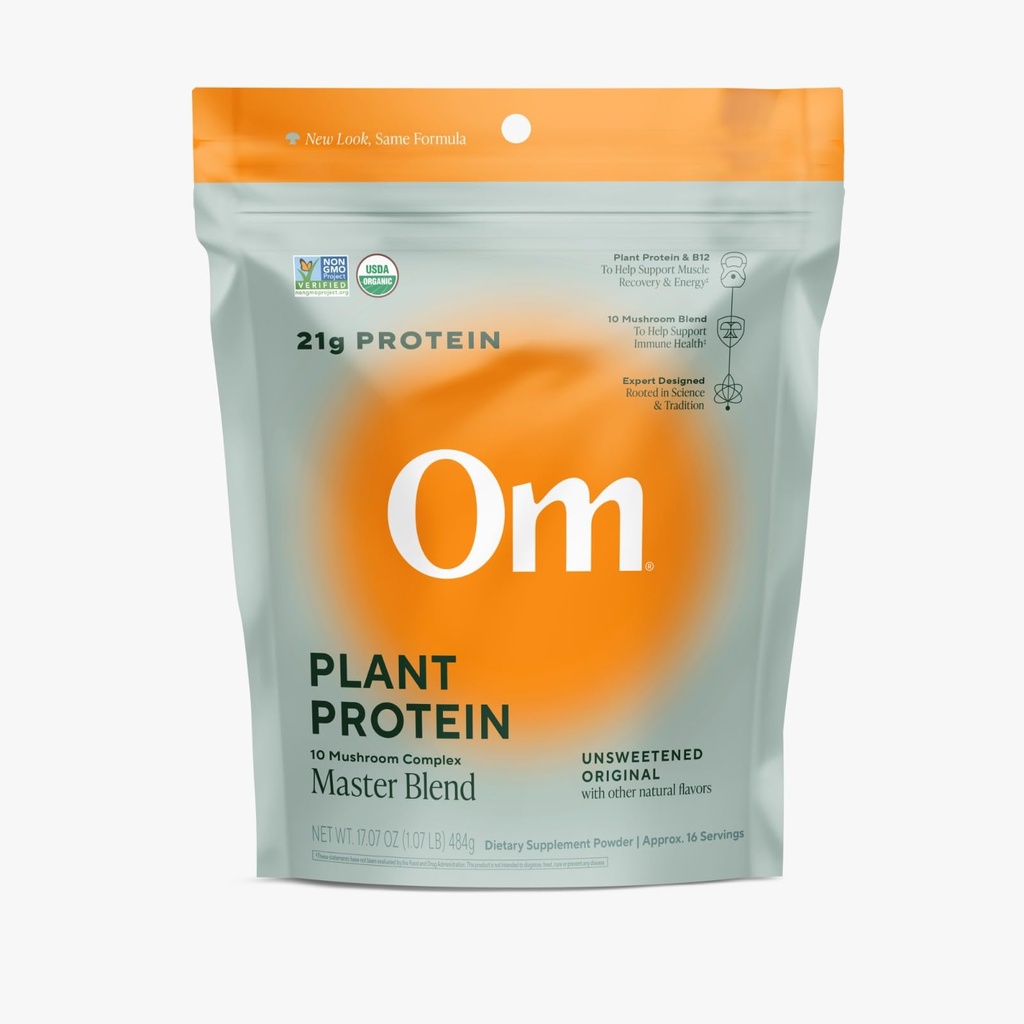 OM MUSHROOM スーパーフードマスターブレンド植物ベースのプロテインパウダー(Resealable Bag(16サービング)、非風味のプロテイン)