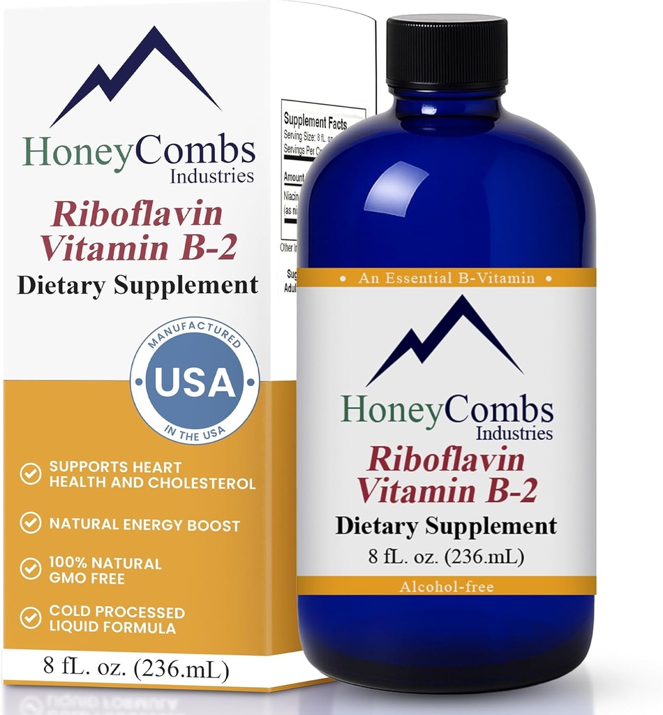 HoneyCombs Vitamin B2 Riboflavin Supplement Liquid Drops - High Potency Vitamin B2 for Men & Women - Maintain Healthy Digestion, Nervous System, Hair, Skin, Nails - Vegan Liquid Vitamins (8 Fl oz)