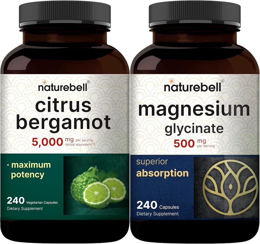 NatureBellのマグネシウムのGlycinateのカプセル500mg及びCitrus Bergamot Veggieのカプセル5,000のmgの等価な束のパック Chelated及び浄化された鉱物 高い酸化防止レベル