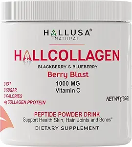 Hallusa Natural Hydrolyzed Collagen Peptides Powder 1000mg with Vitamin C | BlackBerry & Blueberry Flavor | 4g Collagen per Serving | Healthy Hair, Skin, Nails, Bone & Joint Support