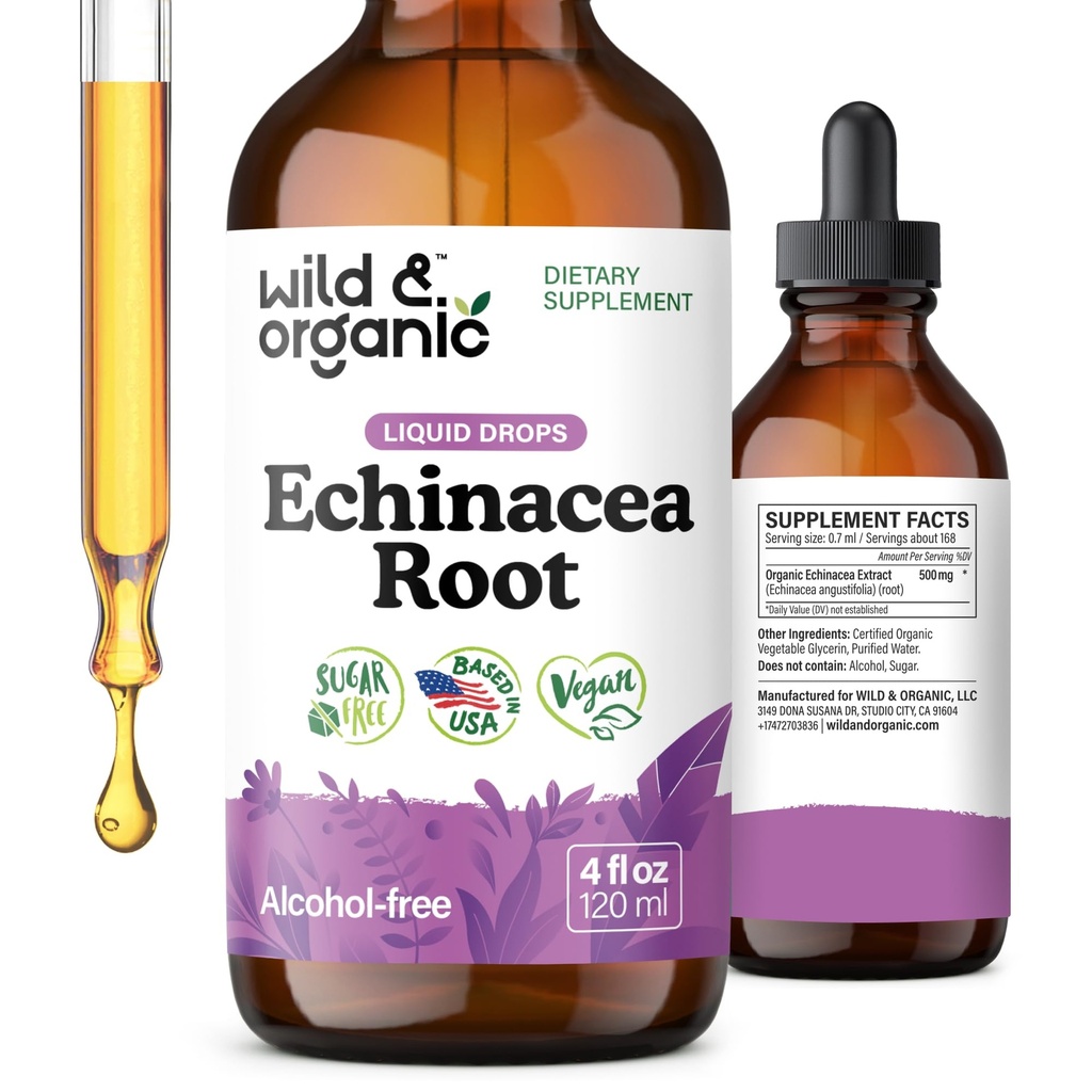 ワイルド&オーガニックEchinaceaドロップ - Echinacea Angustifoliaの免疫サポートサプリメント - 液体ルート抽出物 - ビーガン、砂糖&アルコールフリー - 4 fl oz