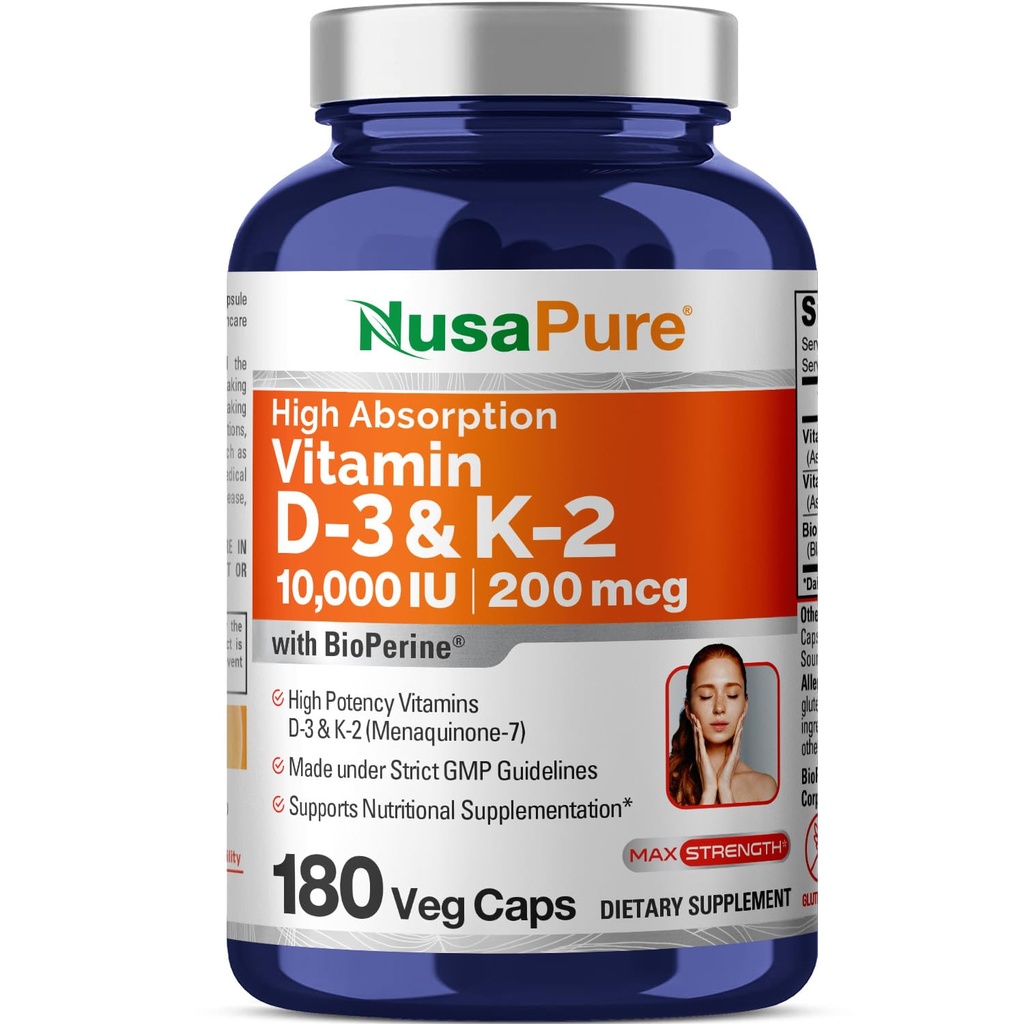 NusaPureビタミンK2(MK7)(200mcg)+ビタミンD3(10000 IU)180ベジーキャップ - バイオペリン、大豆フリー、非GMO