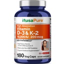 NusaPureビタミンK2(MK7)(200mcg)+ビタミンD3(10000 IU)180ベジーキャップ - バイオペリン、大豆フリー、非GMO