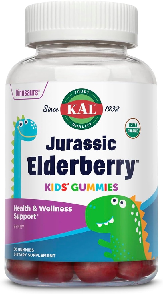 KAL ジュラシック エルダーベリー キッズグミー | ヘルシー 免疫 サポート | USDA オーガニック, ビーガン, グルテンフリー | 30 サーブ, 60 Ct