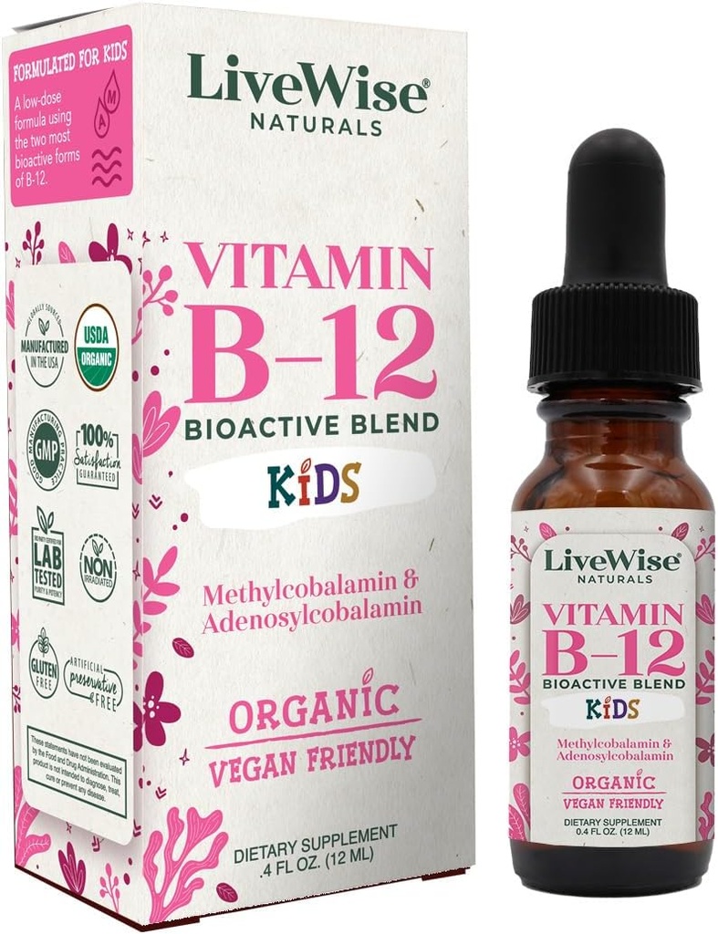 LiveWise Naturals Vitamin B12 Liquid Drops for Kids | Toddlers and Children I Methylcobalamin and Adenosylcobalamin | USDA Organic I Vegan | Non-GMO | Gluten Free | Low Dose