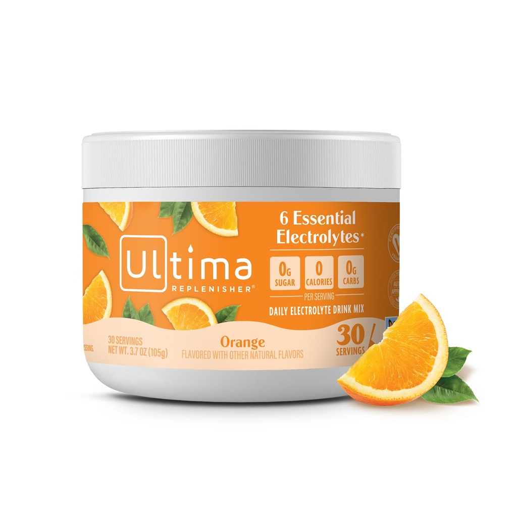 Ultima Replenisher毎日電解パウダードリンクミックス - 砂糖無料 - オレンジ、30サービング - 6キー電解液とトレースミネラルの水分補給パウダー - Ketoフレンドリー、ビーガン、非GMO