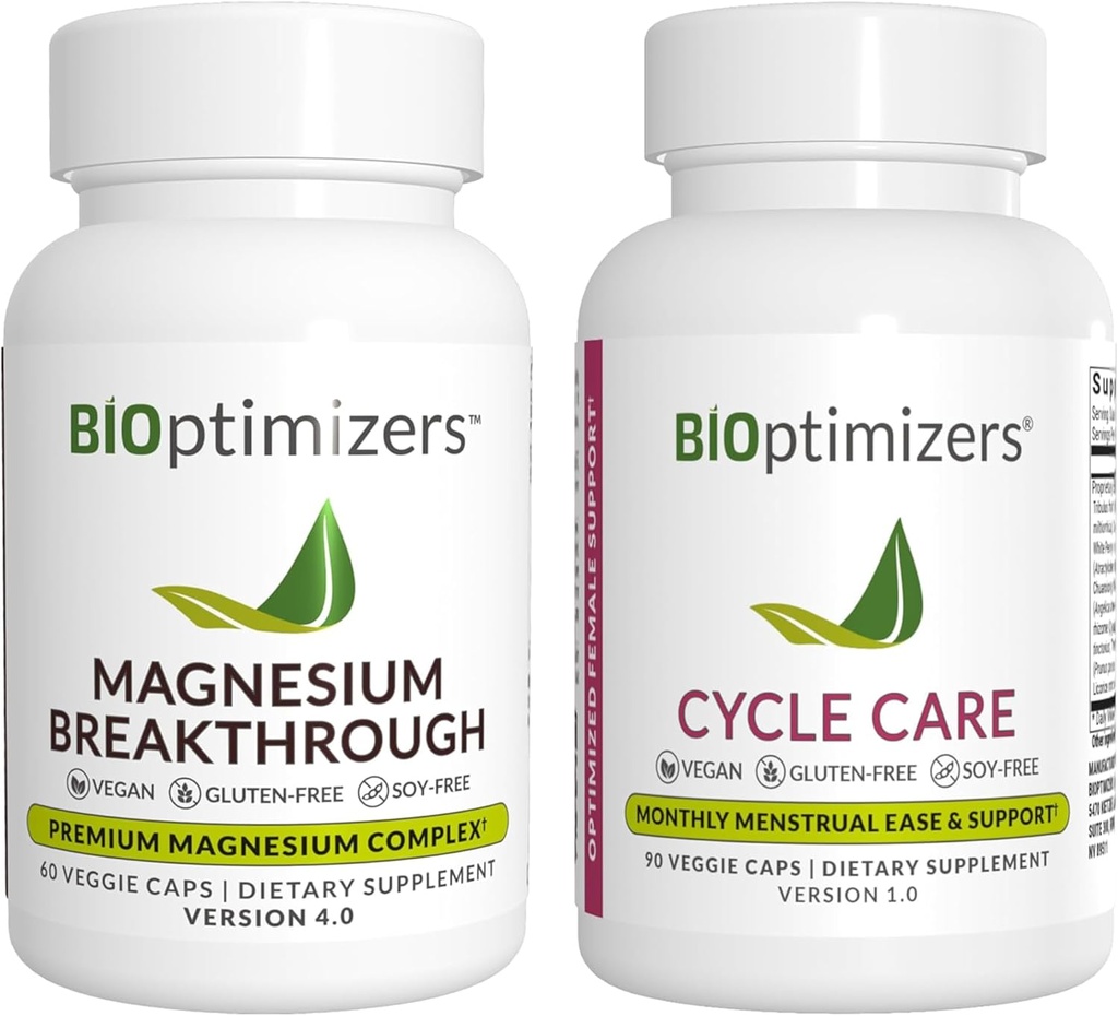 BiOptimizers Magnesium Breakthrough 4.0, (60 Capsules) & Cycle Care, (90 Capsules) - Natural Sleep, Brain, and Menstrual Relief Support Supplement Bundle