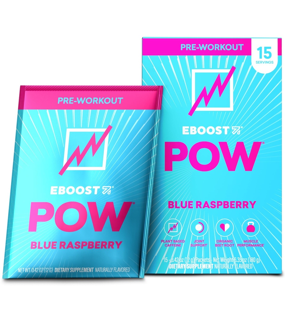 EBOOST POWナチュラルプレワークアウトパウダー - 15パケット、ブルーラズベリー - プレワークアウトエネルギーブースタージムサプリメントドリンクミックス男性と女性 - パフォーマンス、共同モビリティサポート - グルテンフリー