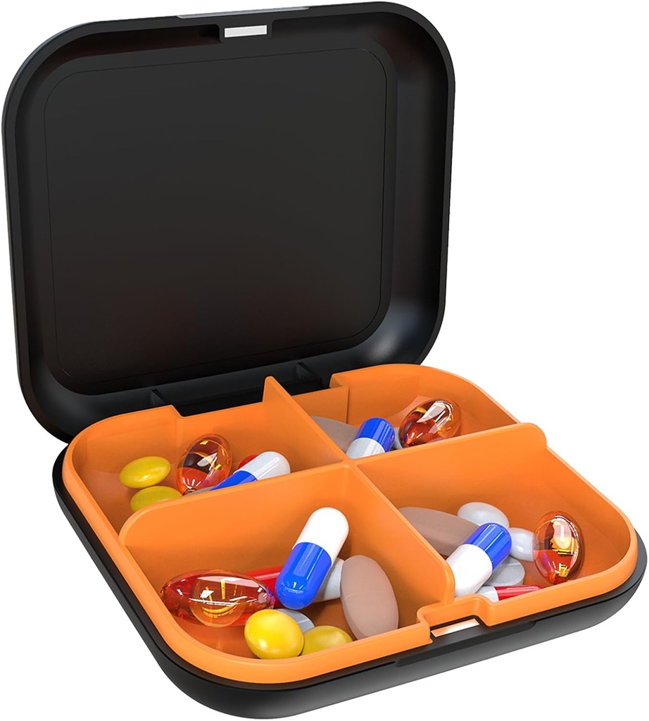 丸薬箱の携帯用丸薬の分配箱、旅行携帯用丸薬箱、4Compartmentの毎日の携帯用丸薬のオルガナイザー、ビタミン、薬、魚油(Black+Orange)のために適した