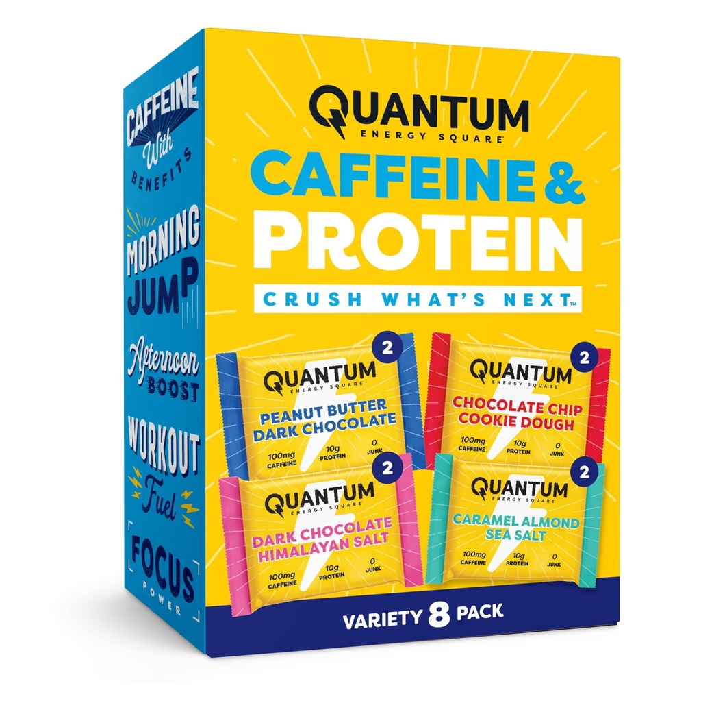 Quantumエネルギースクエア:カフェインと10gタンパク質のエネルギーバー。 ゴーでおいしいヘルシーなスナック。(Vegan、グルテンフリー、大豆フリー、乳液フリー)(Variety 8-Pack)