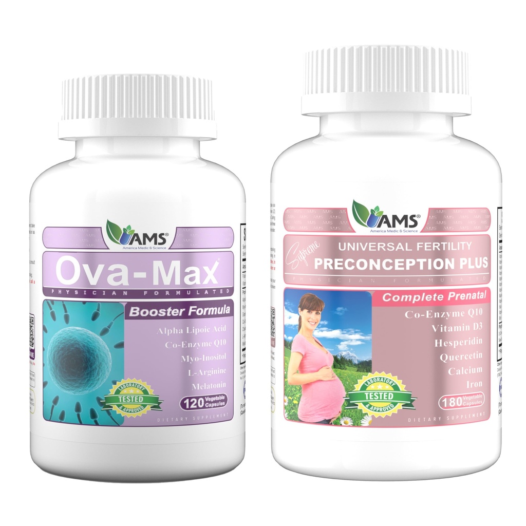 アメリカンメディック&サイエンス OVA-Max プレナタルビタミン 女性用 (120 カプセル) および Preconception Plus (180 カプセル)