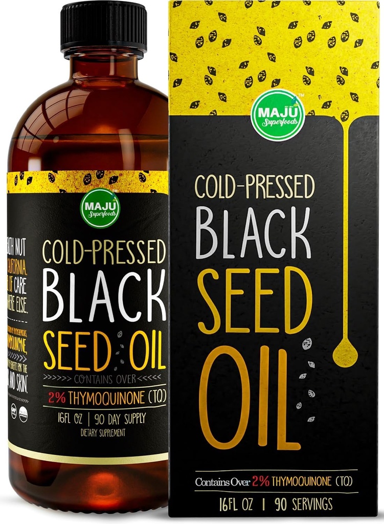MAJU's Black Seed Oil 16oz: 3X Thymoquinone, Cold Pressed, 100% Turkish Black Cumin Nigella Sativa Seed Oil (Better Than Organic), Non-GMO, 100% Liquid Pure Blackseed Oil, Glass Bottle