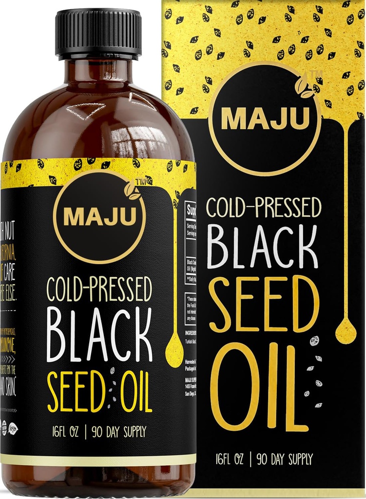 MAJUの黒い種油16oz:3X Thymoquinone、風邪押された、100%のトルコの黒のCumin NigellaのSativaの種油(有機物より斜め)、非GMOの100%の液体の純粋な黒の油、ガラス ビン
