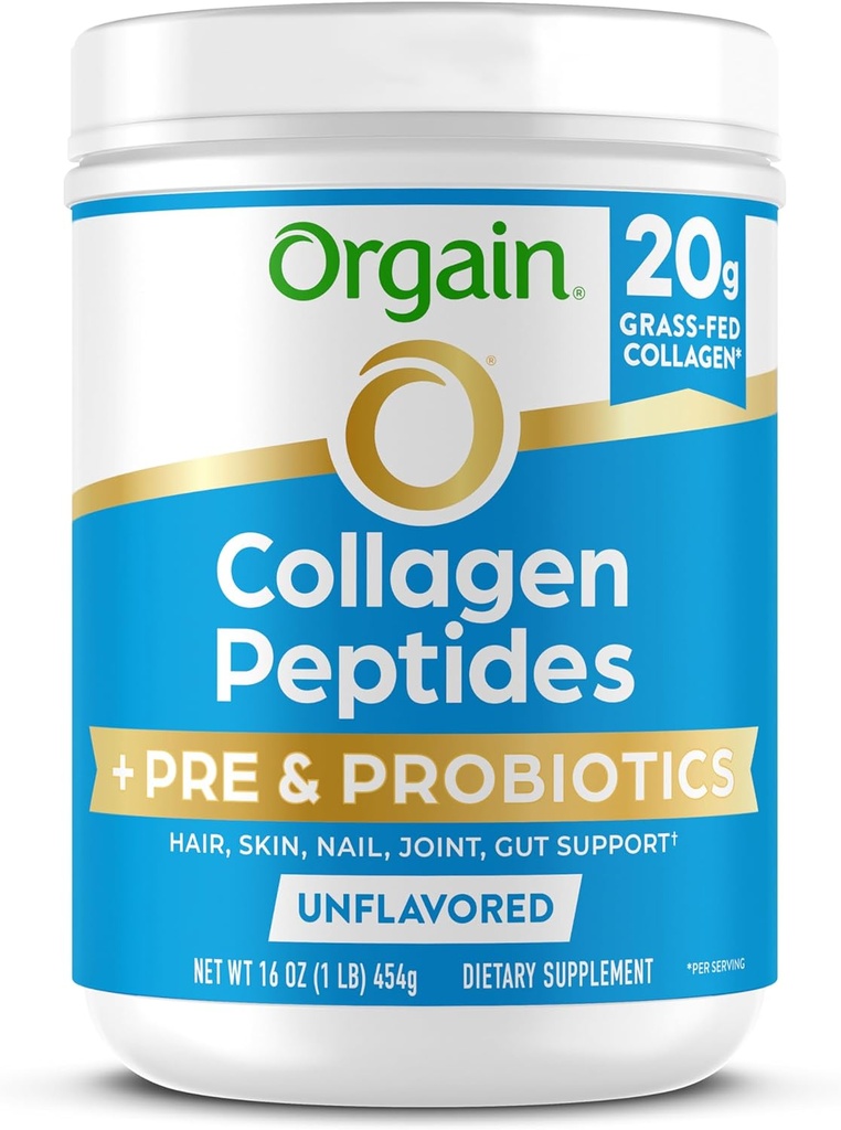 Orgain Hydrolyzed Collagen Peptides + Prebiotic & Probiotics Powder for Women & Men, 20g Grass Fed Collagen, 1 Billion CFU - Supports Digestive, Hair, Skin & Joint Health, Non-GMO, Type I & III, 1lb