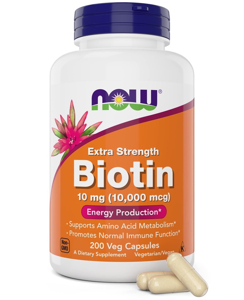 NOW食品エクストラ強度ビオチン10,000mcg / 10mg - 200カウント - 髪, 皮膚, ネイル - 男性と女性のためのサプリメント - B7ビタミン - ベジタリアン, 完全菜食主義者の, 完全菜食主義者の