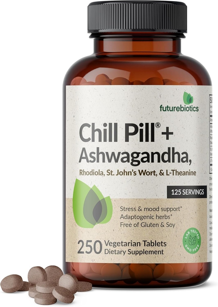 Futurebiotics Chill Pill + Ashwagandha, Rhodiola, St. John's Wort, & L-Theanine - Non-GMO, 250 ベジタリアンタブレット