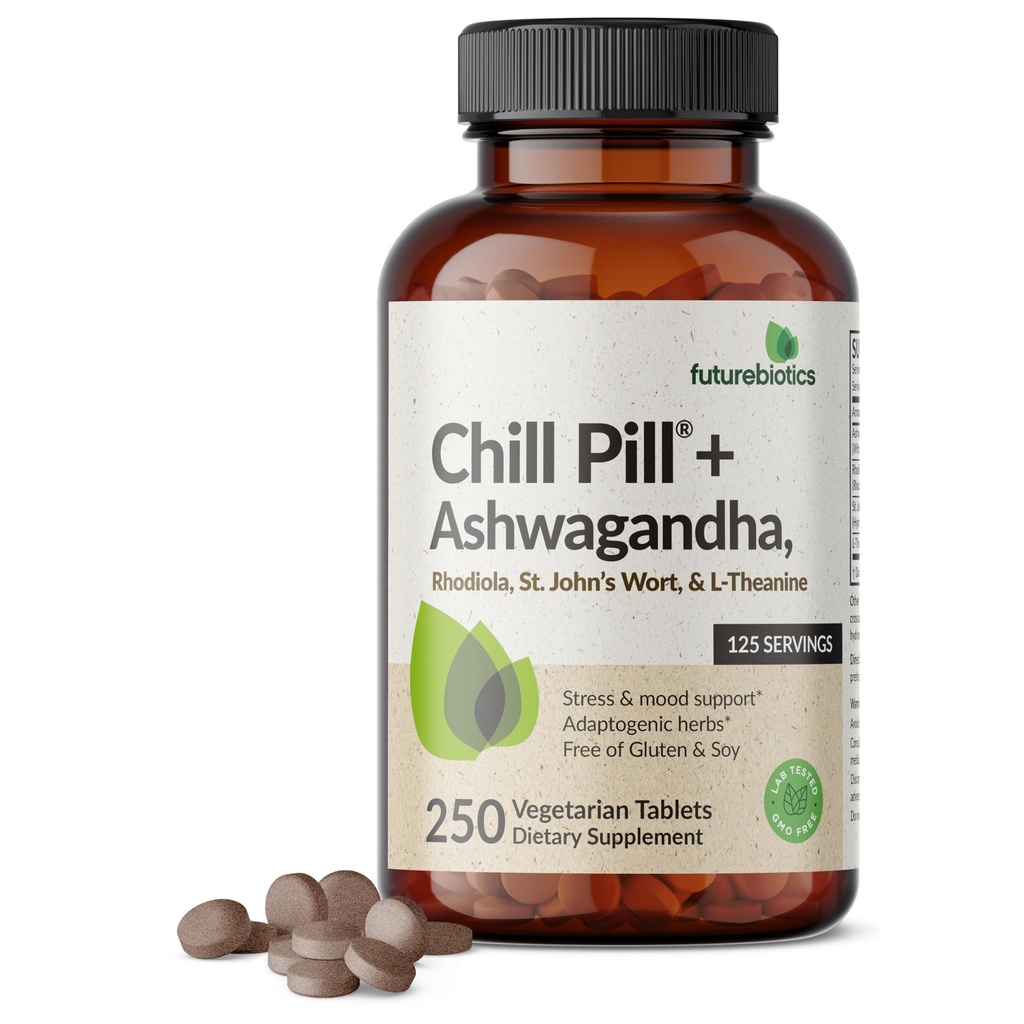 Futurebiotics Chill Pill + Ashwagandha, Rhodiola, St. John's Wort, & L-Theanine - Non-GMO, 250 ベジタリアンタブレット