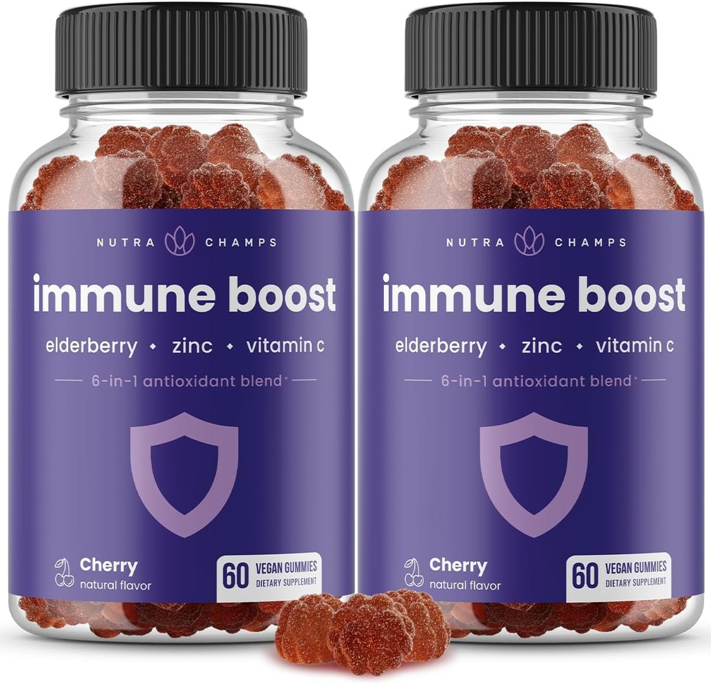Immune Support Gummies | Powerful Blend of Elderberry, Vitamin C, Zinc, Echinacea, Astragalus Root & Ginger | Immune Boosters for Adults & Kids Supplement | Vegan & Non-GMO | Cherry | 60 Ct (2 Pack)