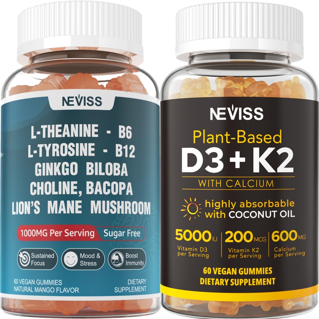 NEVISS砂糖無料LチロシンL-テアニンガミー120カウント+砂糖無料D3 5000IU K2ガミー120カウント