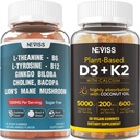 NEVISS砂糖無料LチロシンL-テアニンガミー120カウント+砂糖無料D3 5000IU K2ガミー120カウント