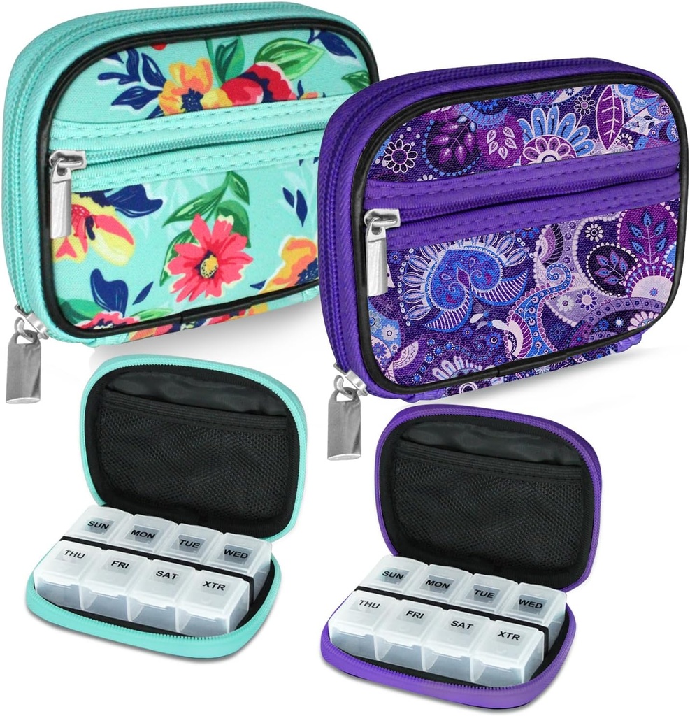Serfeymi週刊旅行ピルオルガナイザーPill Case for Purse with Reable 7 Day Pill Box、流行の旅行薬オーガナイザーPill Container for Medicine、ビタミン、サプリメント - Green 01 + Purple 01
