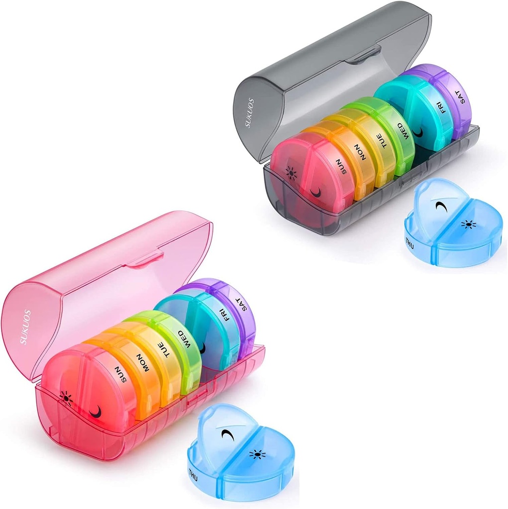 2 パック週刊ピルオーガナイザー 7 日 2 日を回す, ピルス/ビタミン分/魚油/消耗品, BPA 無料のピル ボックス, 簡単に清掃する