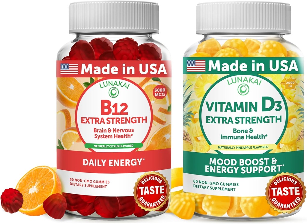 LunakaiのビタミンB12およびビタミンD3のグミーの束- 3000のmcg B12および25のmcg 1000 UI VIT D3 -グルテンフリー、トウモロコシのシロップ、有機性、非GMOの植物はゼラチンを自由に基づかせていました