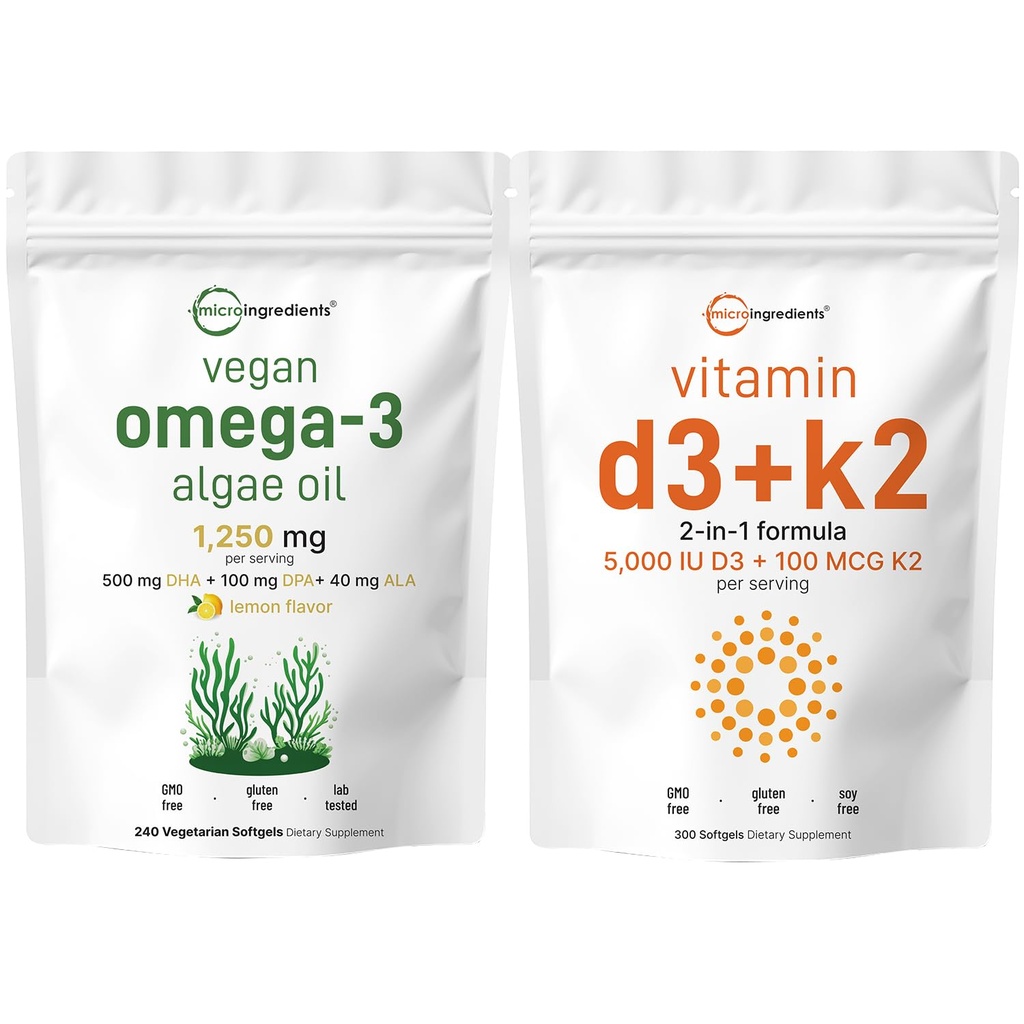 マイクロ成分ビタミンD3 5,000iu + K2 100mcg Softgels & Vegan Omega 3 Algaeオイルサプリメントバンドル2パック | エッセンシャルサンシャインビタミン | 魚油代替オメガ3フルスペクトラム