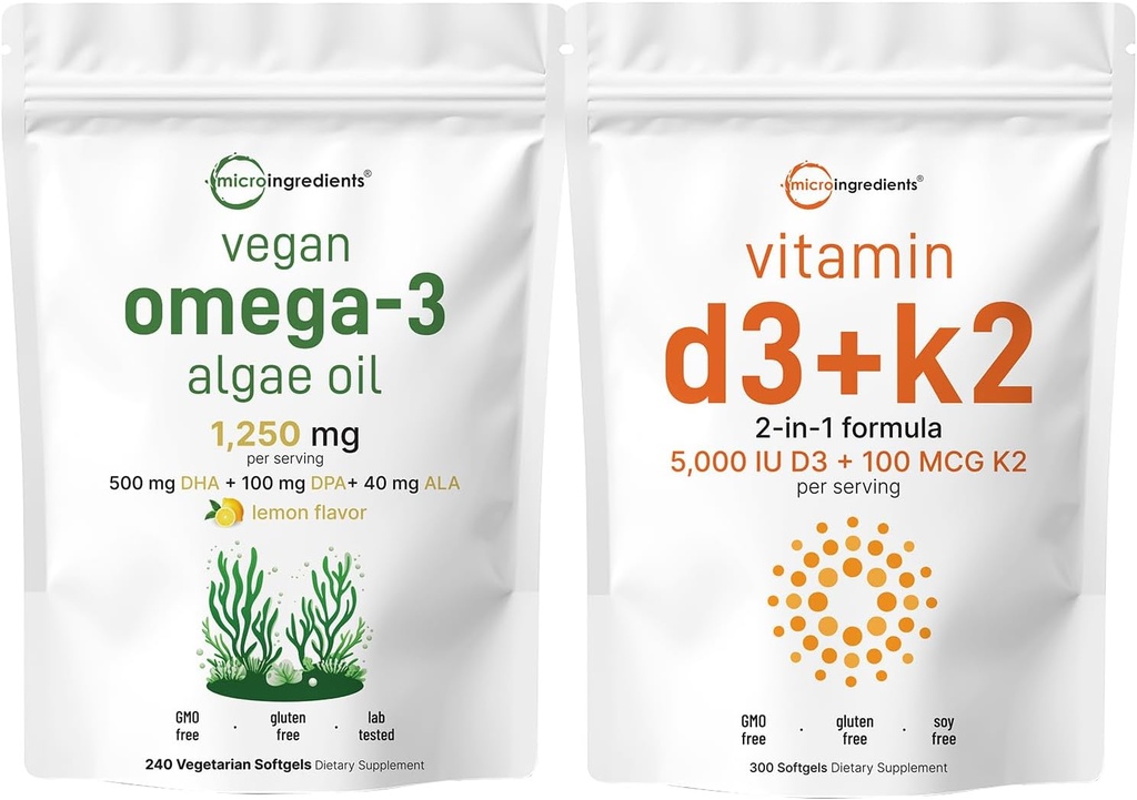 マイクロ成分ビタミンD3 5,000iu + K2 100mcg Softgels & Vegan Omega 3 Algaeオイルサプリメントバンドル2パック | エッセンシャルサンシャインビタミン | 魚油代替オメガ3フルスペクトラム