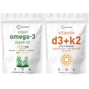 マイクロ成分ビタミンD3 5,000iu + K2 100mcg Softgels & Vegan Omega 3 Algaeオイルサプリメントバンドル2パック | エッセンシャルサンシャインビタミン | 魚油代替オメガ3フルスペクトラム