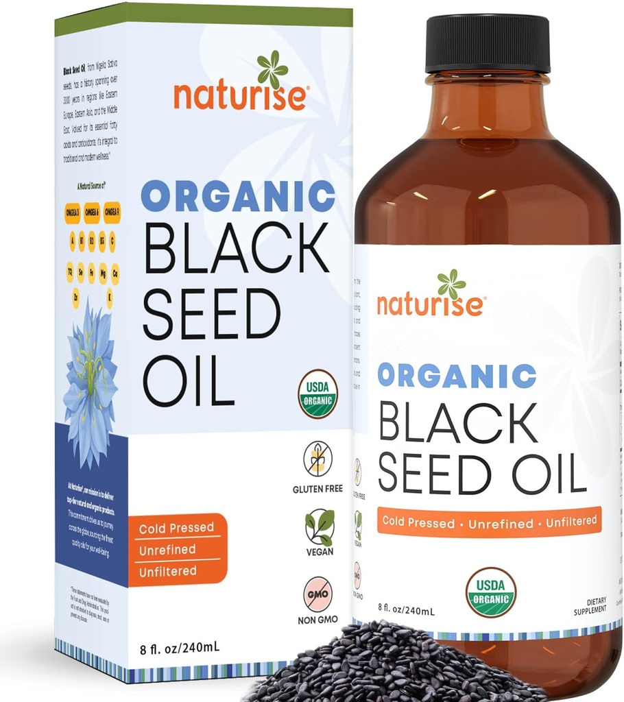 有機ブラックシードオイル(ニゲラサティバ、カミンシード)コールドプレス非GMO、エッセンシャル脂肪酸の8オンスガラスボトルソース、オメガ3 6 9'