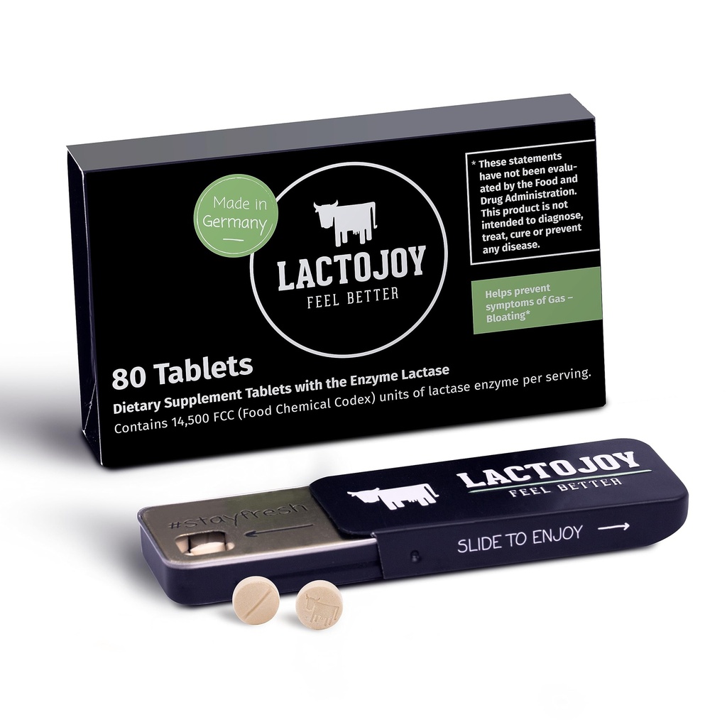 LactoJoyのLactaseの丸薬14,500のI 80部分私はLactoseの許容のための強力なLactaseの酵素Iの超純粋なLactaseの改良された消化器Iのケイ素の二酸化物無し、人工的な味無し、Sucralose無し