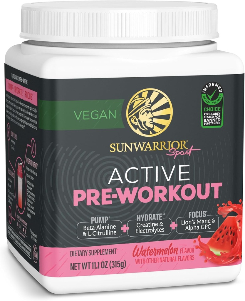Sunwarrior Pre Workout Powder Energy Drink | Vegan Plant-Based Supplement | Pump, Hydrate, Focus, Endurance, & Strength Builder | Watermelon Flavored 30 Servings | Active Preworkout